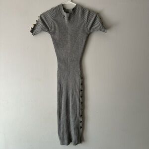 Gray Ribbed Knit Dress with Button Accents